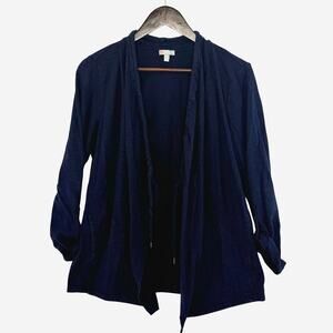 Talbots Open Front Cardigan Women's LP Navy Drawstring Roll Tab Sleeve Nautical